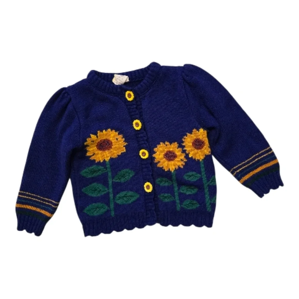 Vintage 1990s Blue Sunflower Knit Cardigan Sweater